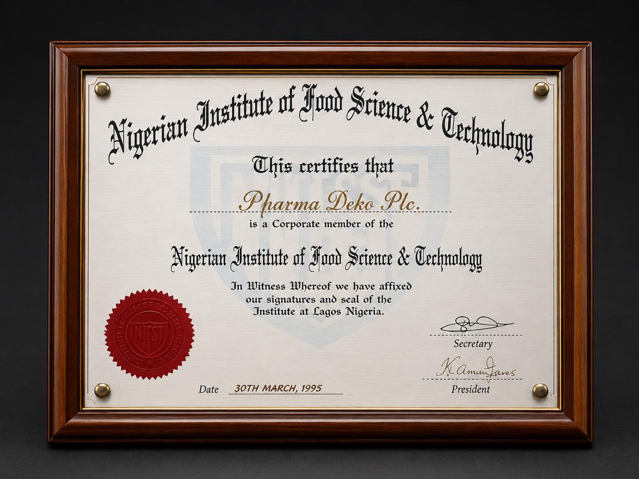 Certificate with Nigerian Institute of Food Science and Technology (NIFST)